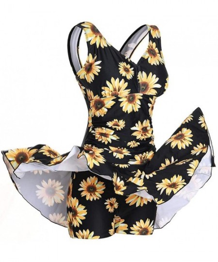 One-Pieces Women's Plus-Size Flower Printing Shaping Body One Piece Swim Dresses Swimsuit - Sunflower - C41902MY3RW