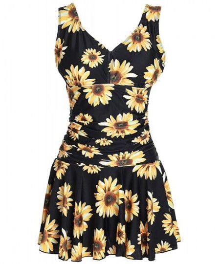 One-Pieces Women's Plus-Size Flower Printing Shaping Body One Piece Swim Dresses Swimsuit - Sunflower - C41902MY3RW