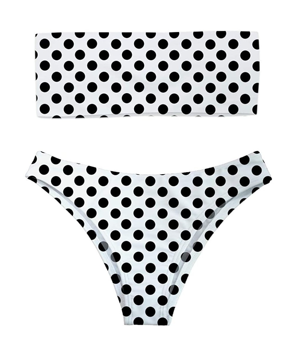 Racing Women 2 Pieces Bandeau Bikini Swimsuit Off Shoulder High Waist Bathing Suit - White Polka Dot - CM18QHX3HRO