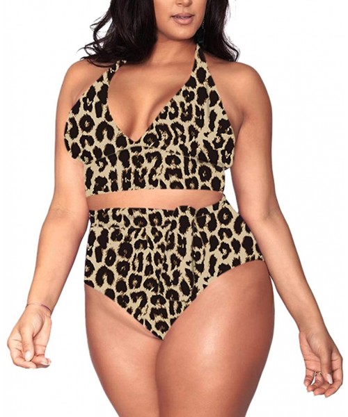 Sets Women's Plus Size High Waisted Tummy Control Swimwear Swimsuit Full Coverage - Wide-halter-strap Brown Leopard - C218Y2T...