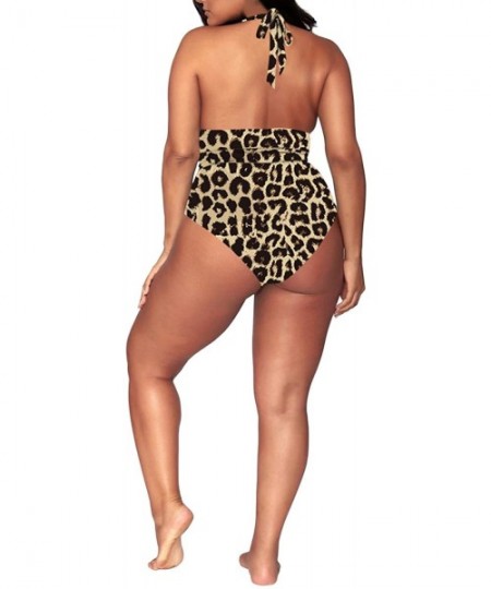 Sets Women's Plus Size High Waisted Tummy Control Swimwear Swimsuit Full Coverage - Wide-halter-strap Brown Leopard - C218Y2T...