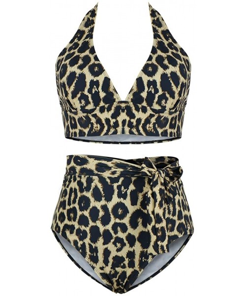 Sets Women's Plus Size High Waisted Tummy Control Swimwear Swimsuit Full Coverage - Wide-halter-strap Brown Leopard - C218Y2T...