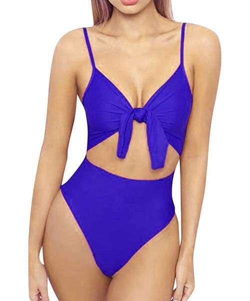 Racing Swimsuit 2 Pieces-Fashion Womens Spaghetti Strap Tie Knot Front Cutout High Cut One Piece Swimsuit - Blue - CW18TSZGK2S