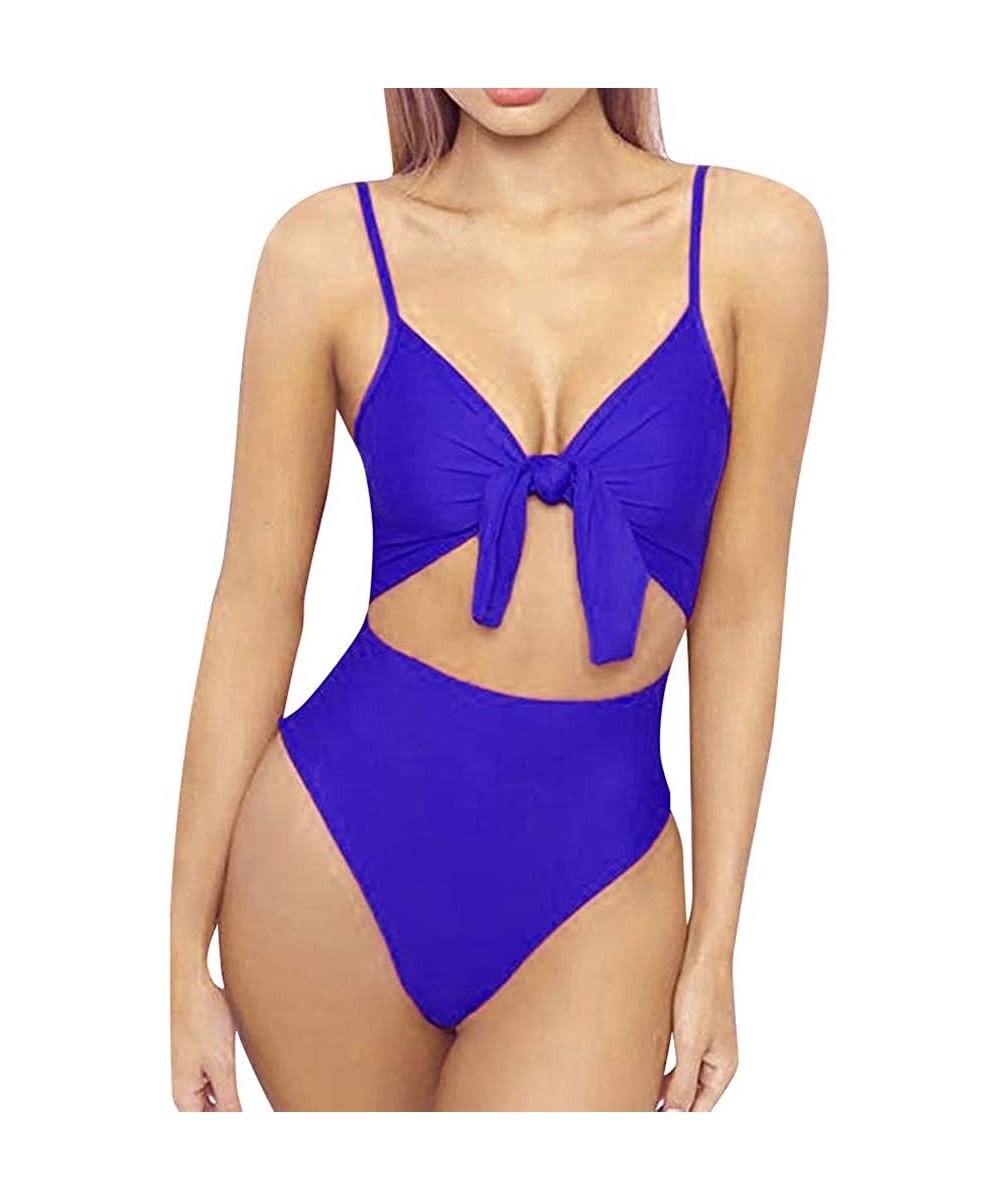 Racing Swimsuit 2 Pieces-Fashion Womens Spaghetti Strap Tie Knot Front Cutout High Cut One Piece Swimsuit - Blue - CW18TSZGK2S