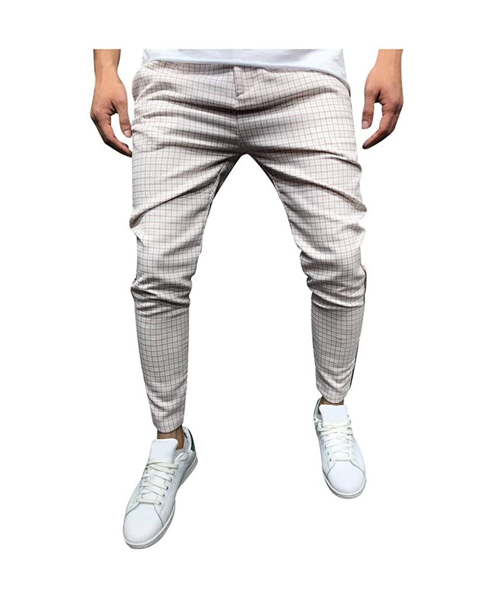 Briefs Men's Casual Pants Elastic Waist Plaid Stripe Splice Slim Fit Long Trouser with Drawstring - Pink - CQ127BXHV0R