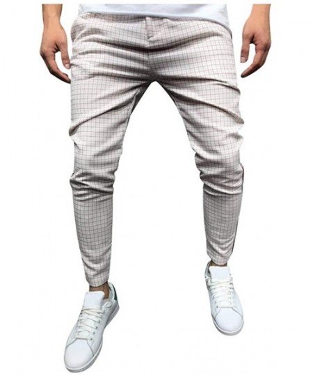 Briefs Men's Casual Pants Elastic Waist Plaid Stripe Splice Slim Fit Long Trouser with Drawstring - Pink - CQ127BXHV0R