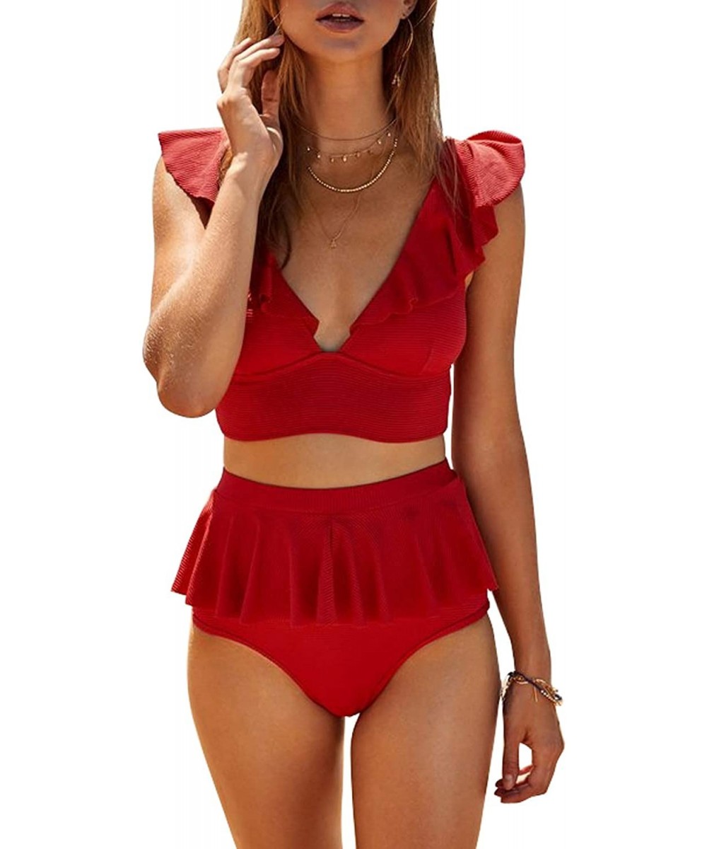 Sets Women V Neck High Waist Bikini Set Ruffled Two Piece Swimsuits - Red - CT196UHHW5E