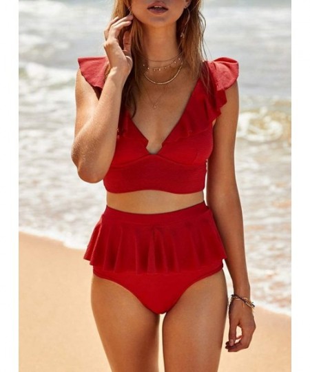 Sets Women V Neck High Waist Bikini Set Ruffled Two Piece Swimsuits - Red - CT196UHHW5E