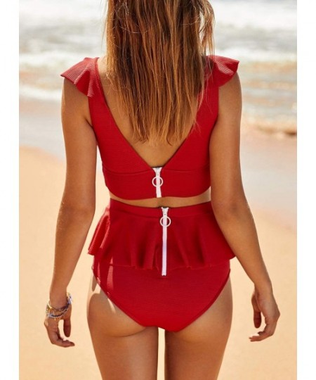 Sets Women V Neck High Waist Bikini Set Ruffled Two Piece Swimsuits - Red - CT196UHHW5E