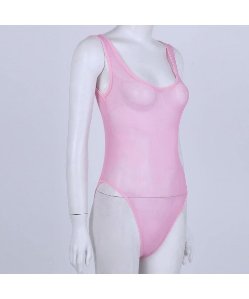 One-Pieces Women One Piece High Cut Swimsuit Mesh Leotard Bodysuit Swimsuit Bathing Suit - Pink - CG18630W6UZ