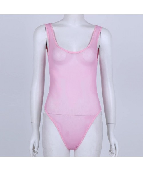 One-Pieces Women One Piece High Cut Swimsuit Mesh Leotard Bodysuit Swimsuit Bathing Suit - Pink - CG18630W6UZ