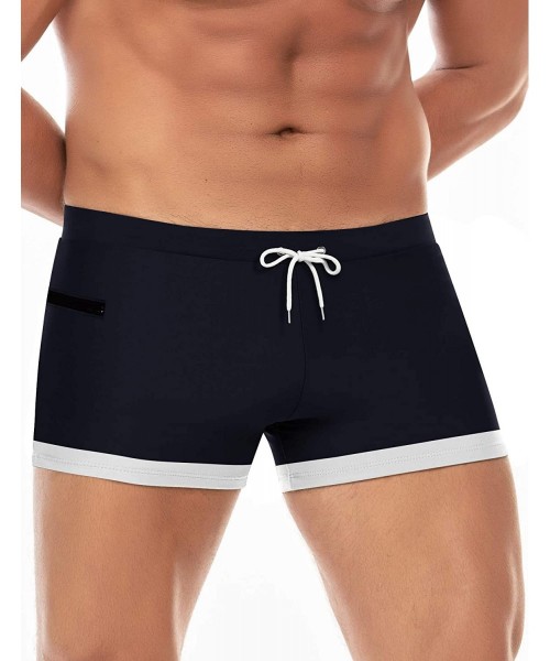 Trunks Men's Swimwear Swimsuits Solid Basic Swim Boxer Trunks Board Shorts with Zipper Pockets - Navy Blue - CS18TQCIHE4