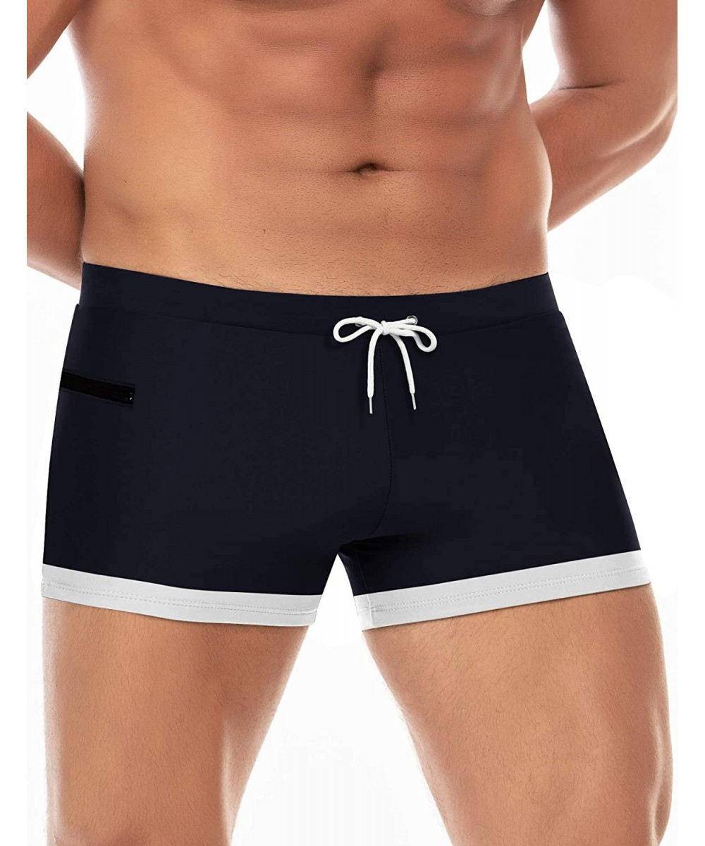 Trunks Men's Swimwear Swimsuits Solid Basic Swim Boxer Trunks Board Shorts with Zipper Pockets - Navy Blue - CS18TQCIHE4