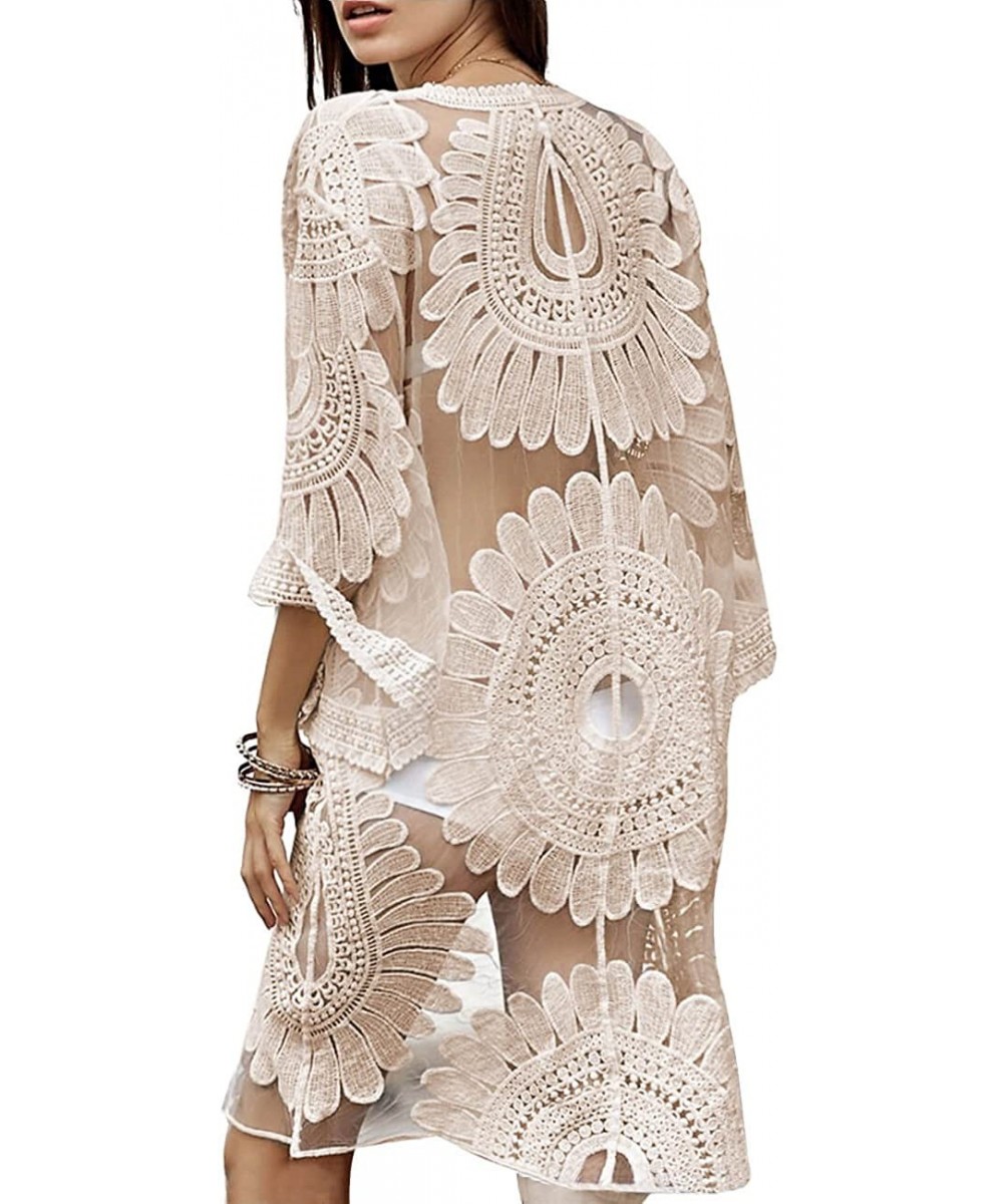 Cover-Ups Women's Floral Crochet Lace Beach Swimsuit Cover Ups Long Vintage Kimono Cardigan - Beige - CW194MHYHK3