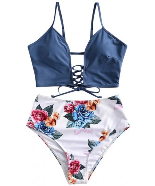 Sets Women's Sexy Bikini Set Two Piece Lace-up Floral Leaf Tankini Swimsuit - Blue - C319806TUSY