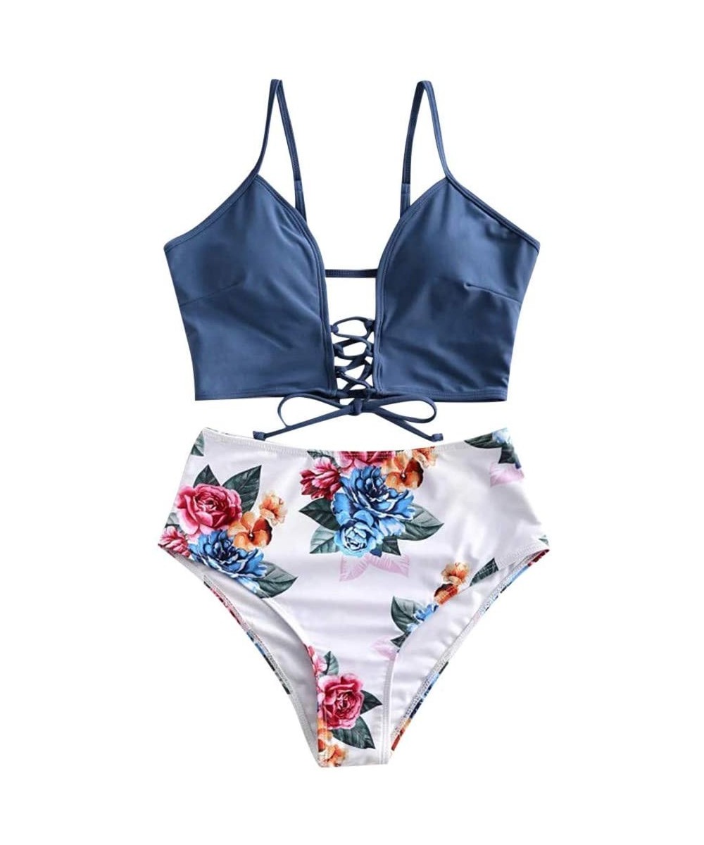 Sets Women's Sexy Bikini Set Two Piece Lace-up Floral Leaf Tankini Swimsuit - Blue - C319806TUSY