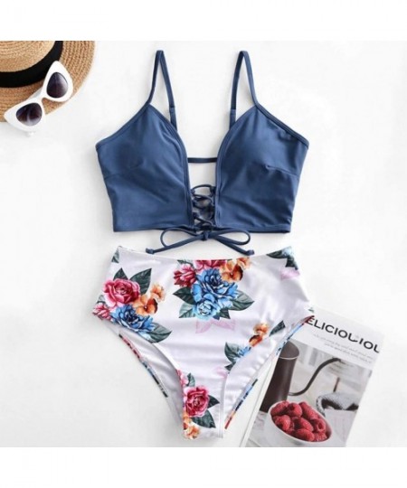 Sets Women's Sexy Bikini Set Two Piece Lace-up Floral Leaf Tankini Swimsuit - Blue - C319806TUSY