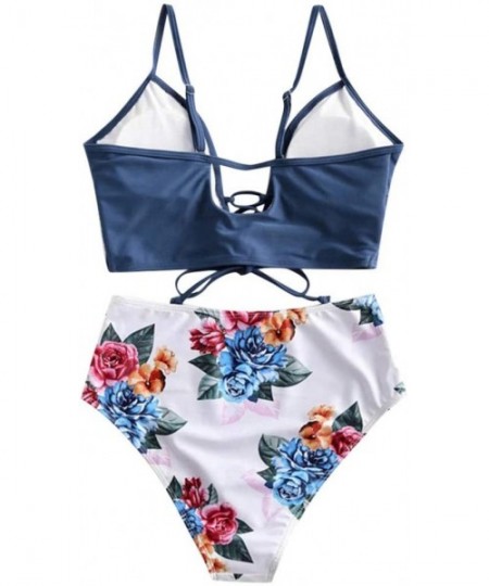 Sets Women's Sexy Bikini Set Two Piece Lace-up Floral Leaf Tankini Swimsuit - Blue - C319806TUSY