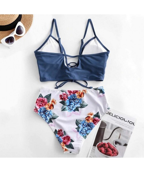 Sets Women's Sexy Bikini Set Two Piece Lace-up Floral Leaf Tankini Swimsuit - Blue - C319806TUSY