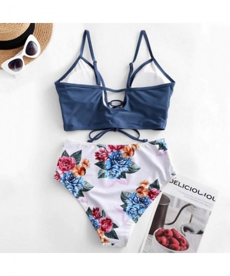 Sets Women's Sexy Bikini Set Two Piece Lace-up Floral Leaf Tankini Swimsuit - Blue - C319806TUSY