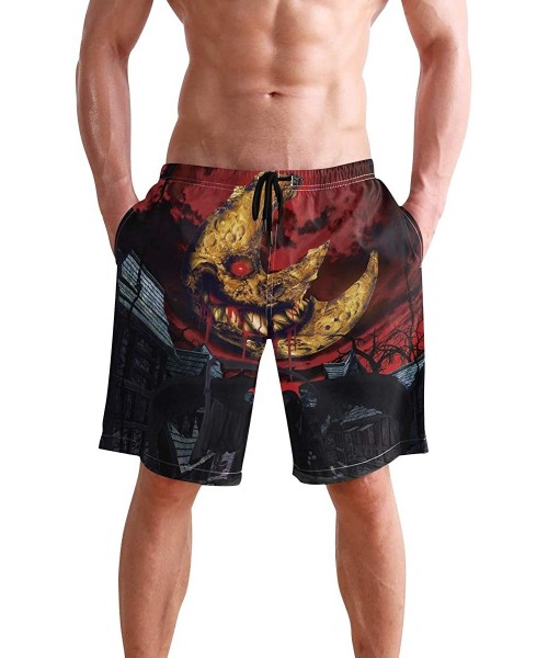 Racing Men's Swim Trunks Tropical Beach with Palm Tree Quick Dry Beach Board Shorts with Pockets - Halloween Bloody Moon Skul...