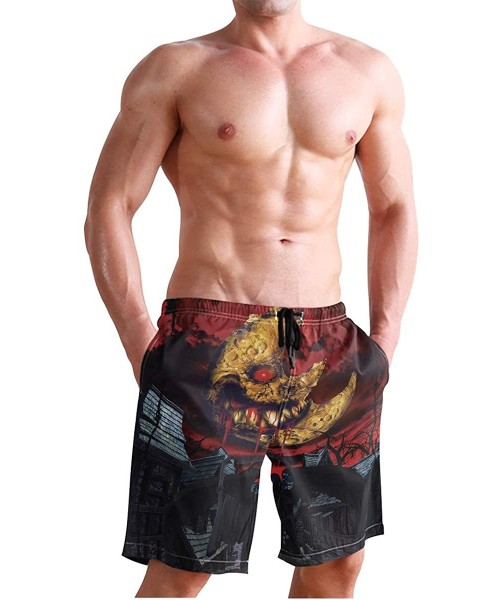 Racing Men's Swim Trunks Tropical Beach with Palm Tree Quick Dry Beach Board Shorts with Pockets - Halloween Bloody Moon Skul...