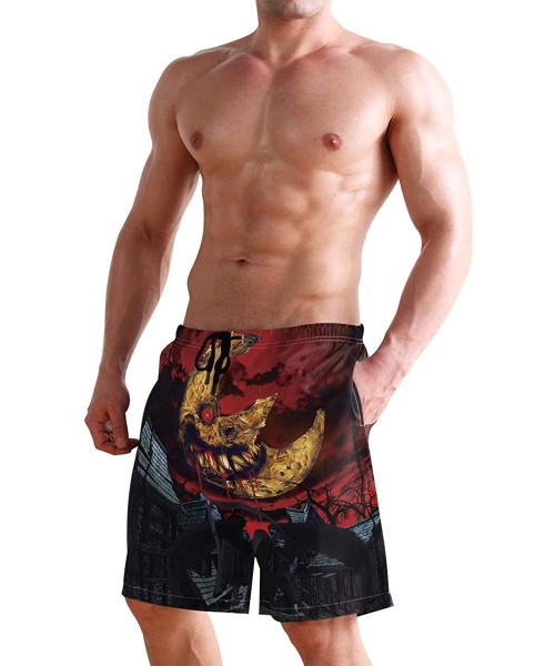 Racing Men's Swim Trunks Tropical Beach with Palm Tree Quick Dry Beach Board Shorts with Pockets - Halloween Bloody Moon Skul...