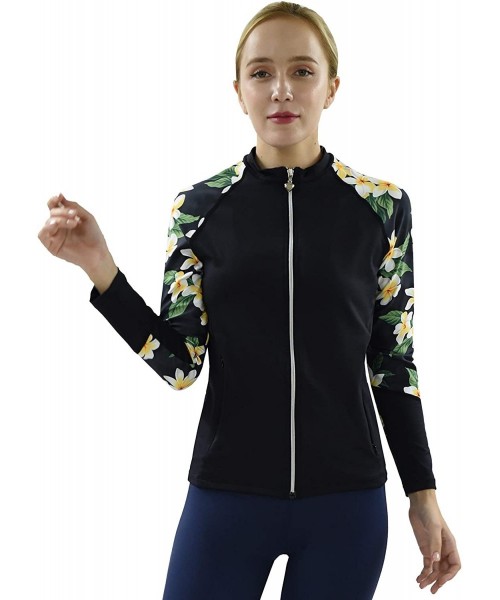 Rash Guards Women Plus Size UPF 50+ Front Zip Up Long Sleeve Top Rash Guard - Black With Hawaiian Black Plumeria - CM18QZ7I4A4