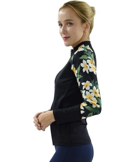 Rash Guards Women Plus Size UPF 50+ Front Zip Up Long Sleeve Top Rash Guard - Black With Hawaiian Black Plumeria - CM18QZ7I4A4