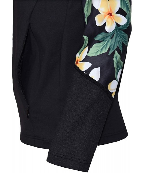 Rash Guards Women Plus Size UPF 50+ Front Zip Up Long Sleeve Top Rash Guard - Black With Hawaiian Black Plumeria - CM18QZ7I4A4