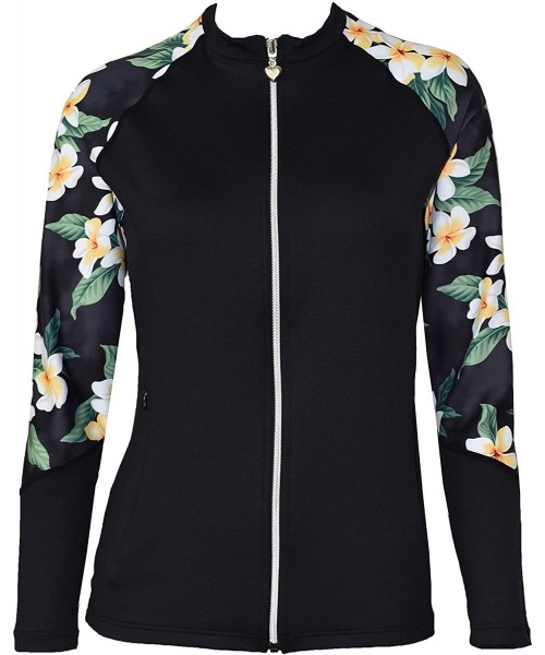 Rash Guards Women Plus Size UPF 50+ Front Zip Up Long Sleeve Top Rash Guard - Black With Hawaiian Black Plumeria - CM18QZ7I4A4