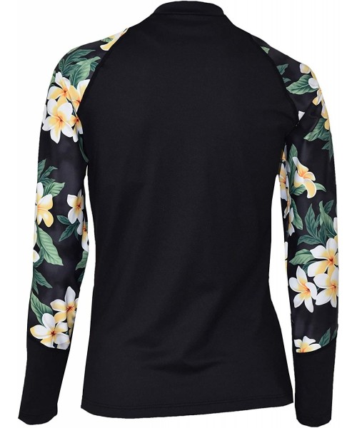 Rash Guards Women Plus Size UPF 50+ Front Zip Up Long Sleeve Top Rash Guard - Black With Hawaiian Black Plumeria - CM18QZ7I4A4