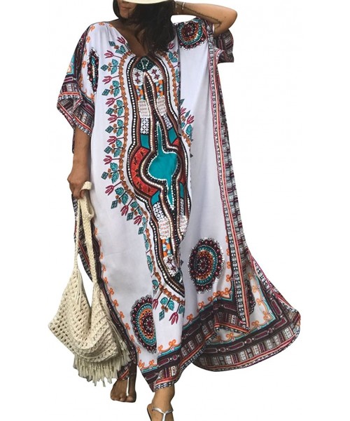 Cover-Ups Women Bathing Suit Cover Up Ethnic Print Kaftan Beach Maxi Dresses - White - CG188UNIN2T