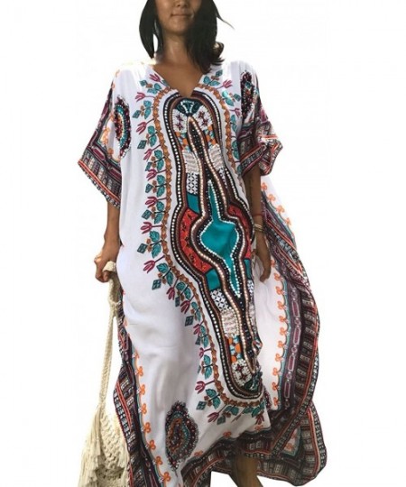 Cover-Ups Women Bathing Suit Cover Up Ethnic Print Kaftan Beach Maxi Dresses - White - CG188UNIN2T