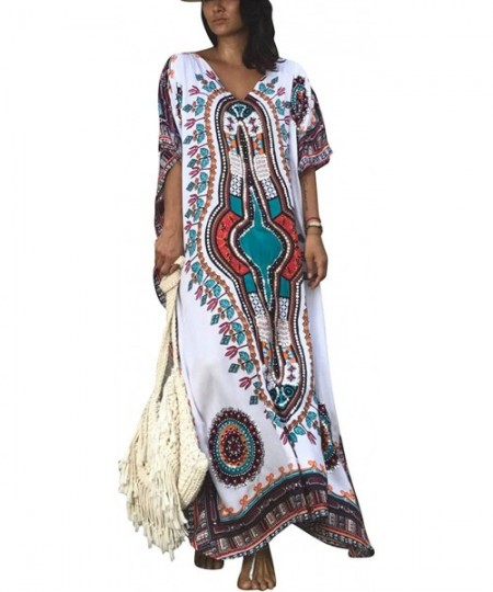 Cover-Ups Women Bathing Suit Cover Up Ethnic Print Kaftan Beach Maxi Dresses - White - CG188UNIN2T