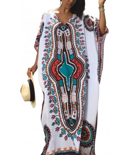 Cover-Ups Women Bathing Suit Cover Up Ethnic Print Kaftan Beach Maxi Dresses - White - CG188UNIN2T