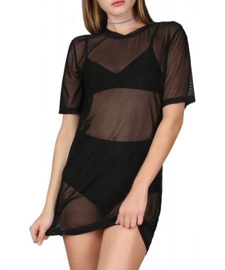 Cover-Ups Women's Beach Cover Ups Short Sleeve See Through Sheer Mesh Short Dress - B Black - CB18DYO64QL