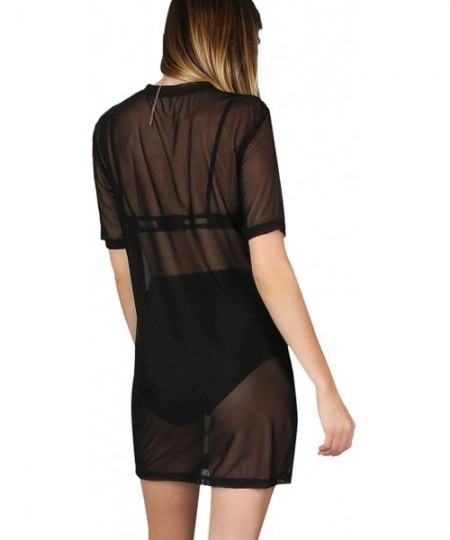 Cover-Ups Women's Beach Cover Ups Short Sleeve See Through Sheer Mesh Short Dress - B Black - CB18DYO64QL