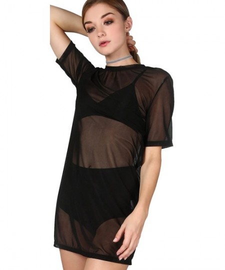 Cover-Ups Women's Beach Cover Ups Short Sleeve See Through Sheer Mesh Short Dress - B Black - CB18DYO64QL