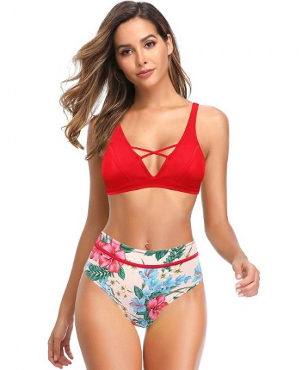 Bottoms Women's Sexy Front Middle Criss Cross Bikini Floral Print Bottom Swimwear - Rose Red - CF198AWT6Z0