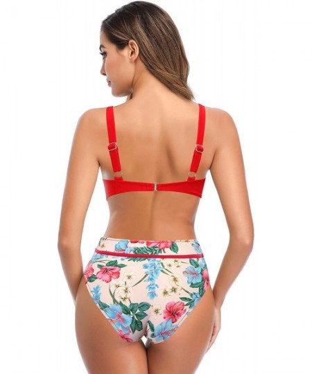 Bottoms Women's Sexy Front Middle Criss Cross Bikini Floral Print Bottom Swimwear - Rose Red - CF198AWT6Z0