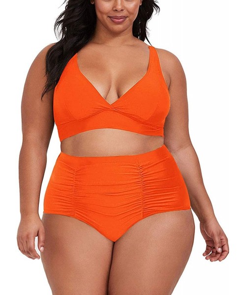 Sets Women's Plus Size High Waist Ruched Swimsuit Swimwear Bathing Suit - Neon Orange - CM194Z24HS4