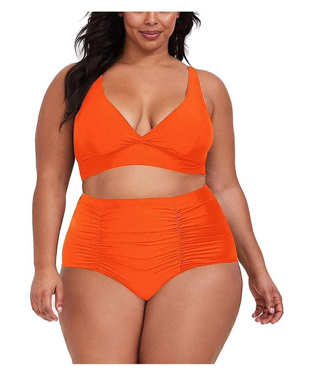 Sets Women's Plus Size High Waist Ruched Swimsuit Swimwear Bathing Suit - Neon Orange - CM194Z24HS4