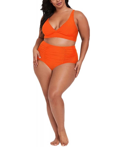 Sets Women's Plus Size High Waist Ruched Swimsuit Swimwear Bathing Suit - Neon Orange - CM194Z24HS4