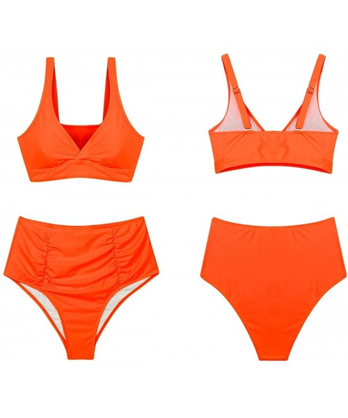 Sets Women's Plus Size High Waist Ruched Swimsuit Swimwear Bathing Suit - Neon Orange - CM194Z24HS4