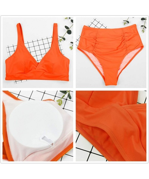 Sets Women's Plus Size High Waist Ruched Swimsuit Swimwear Bathing Suit - Neon Orange - CM194Z24HS4