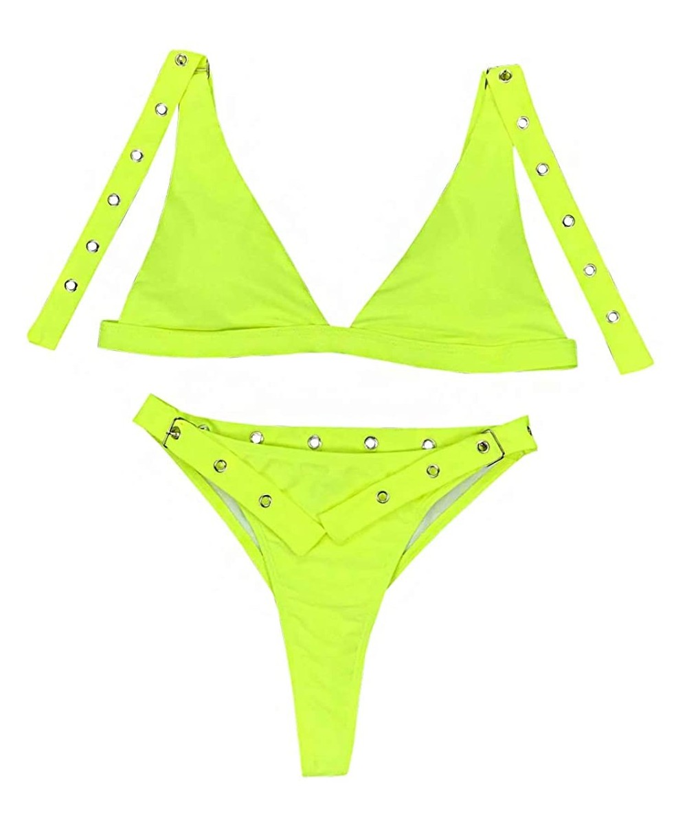 Sets Women's Scoop Neck High Waist Leopard Bikini Buckle Front Two Pieces Swimsuits - Fluorescent Yellow - CP197NK6XDC