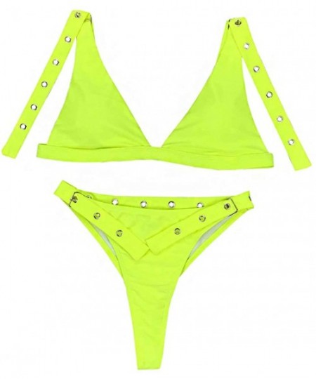 Sets Women's Scoop Neck High Waist Leopard Bikini Buckle Front Two Pieces Swimsuits - Fluorescent Yellow - CP197NK6XDC