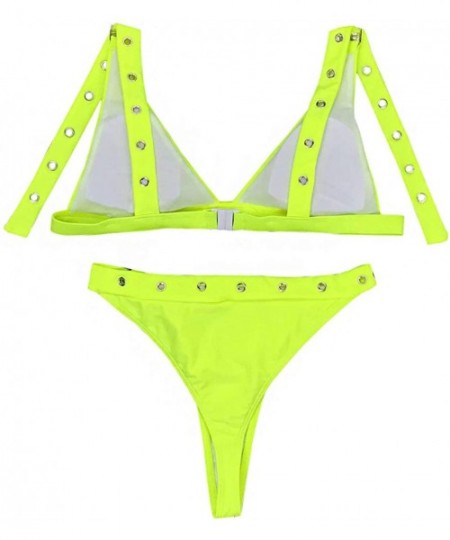 Sets Women's Scoop Neck High Waist Leopard Bikini Buckle Front Two Pieces Swimsuits - Fluorescent Yellow - CP197NK6XDC