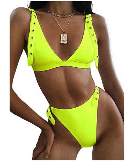 Sets Women's Scoop Neck High Waist Leopard Bikini Buckle Front Two Pieces Swimsuits - Fluorescent Yellow - CP197NK6XDC